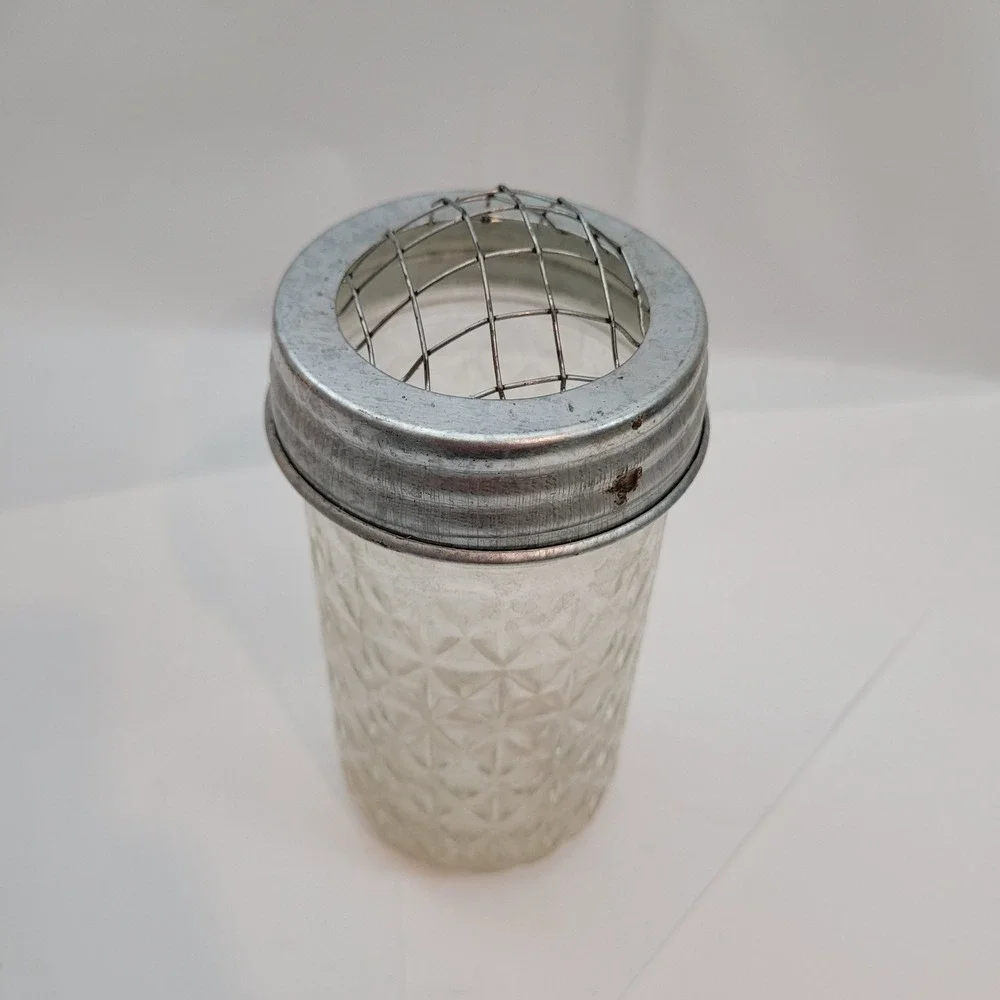 Vintage Flower Frog Jar Quilted Glass Mason Jar with Wire Mesh Lid